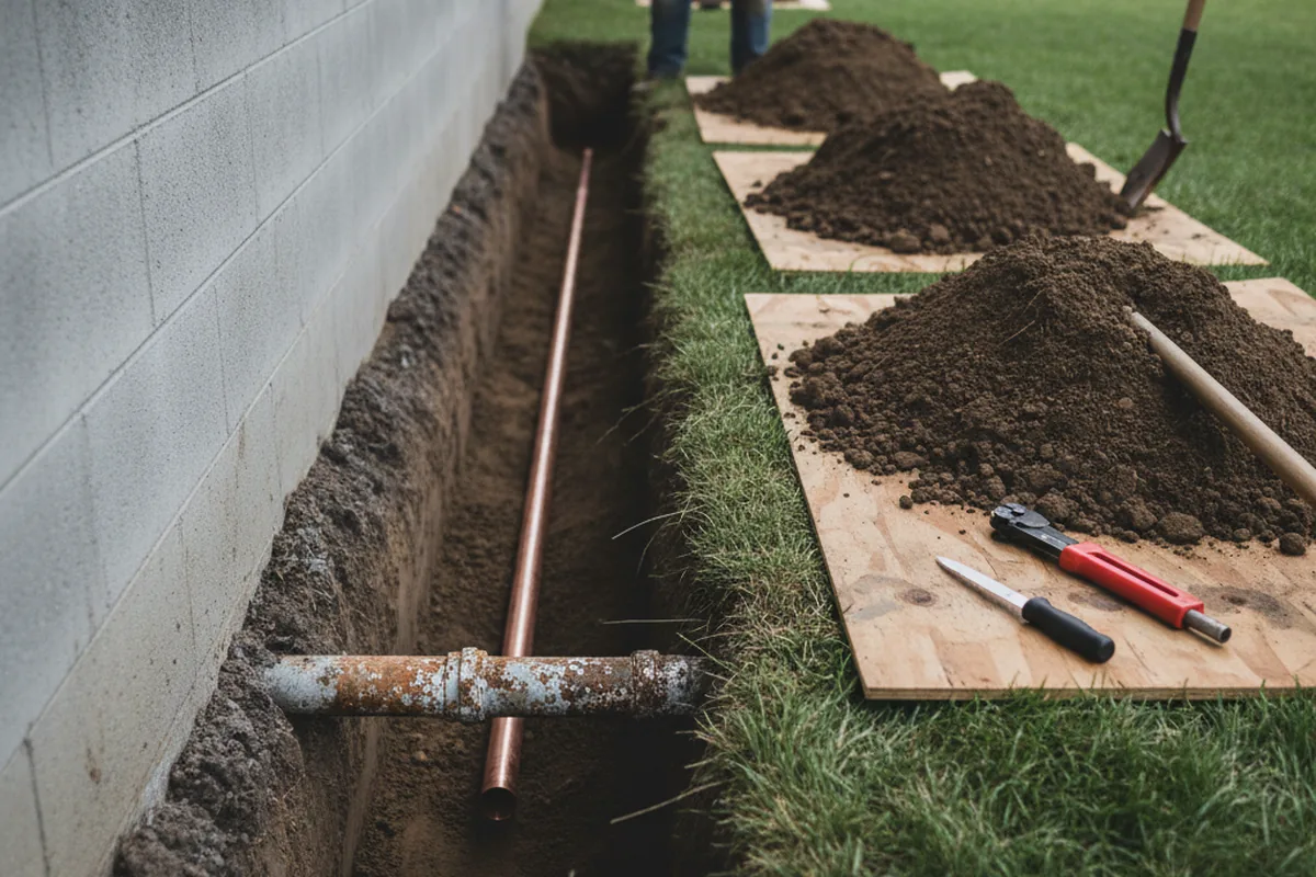 Excavated water line trench during Water Heater Repair in Palm